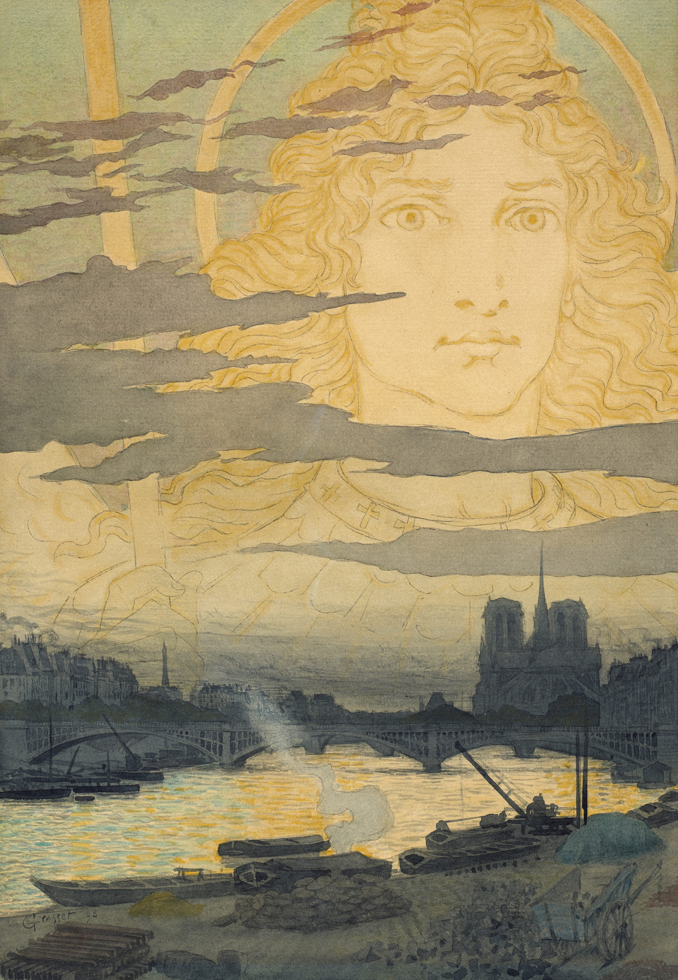 Eugène Grasset, Apparition d’un visage nimbé dans le ciel au-dessus de Paris (Appearance of a Haloed Face in the Sky over Paris), 1898