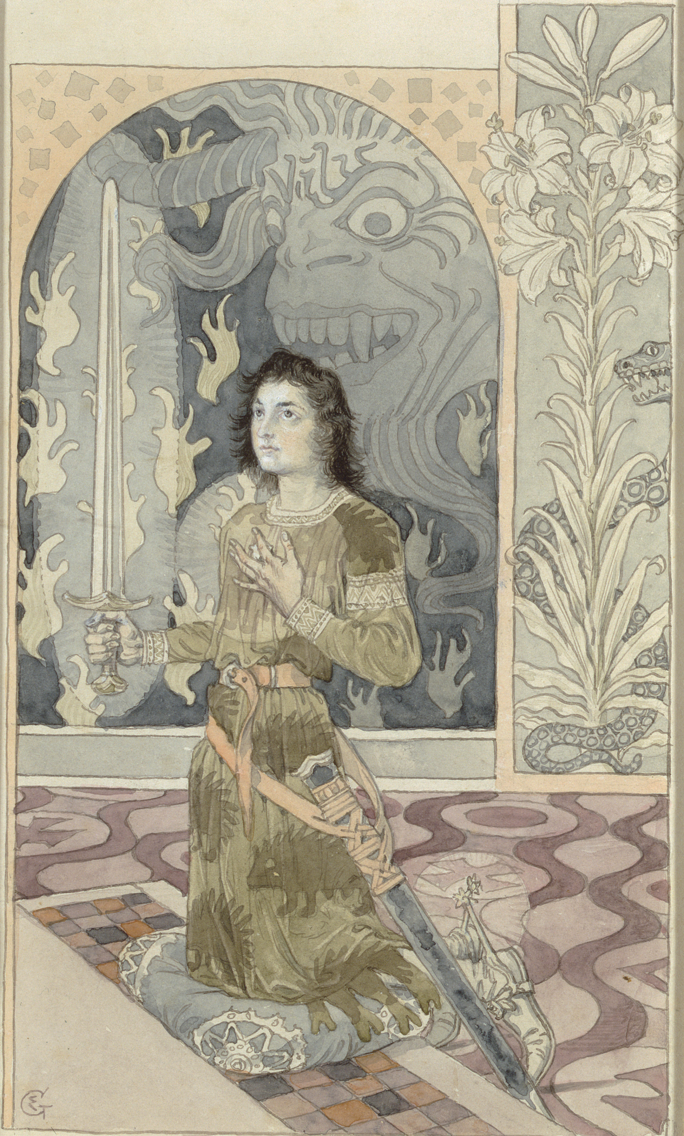 Eugène Grasset, Le Saint Pleur. Adoubement du damoisel (Le Saint Pleur. Dubbing the young squire), 1891