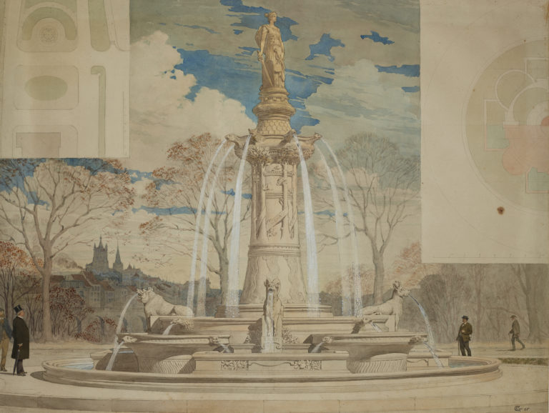 Eugène Grasset, Concours de fontaine monumentale à ériger à côté d'un Palais de Justice (Entry for a competition to design a monumental fountain to stand alongside a law court), 1885